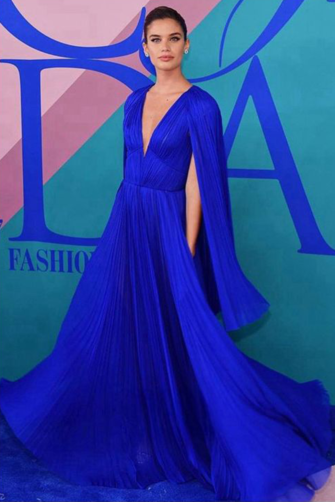 Sara Sampaio Blue Cape Chiffon Dress CFDA Fashion Awards 2017