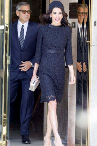 Amal Clooney Navy Knee-length Lace Cocktail Party Celebrity Dress