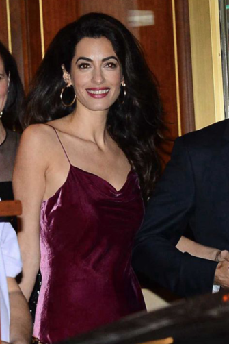 Amal Clooney Short Burgundy Velvet Cocktail Party Celebrity Dress