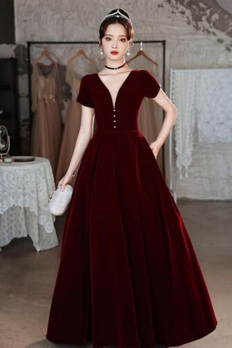 Velvet Short-Sleeve Deep V-Neck A-Line Evening Gown with Buttoned Bodice