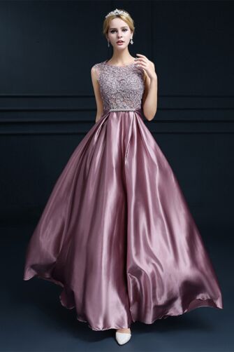 Bateau Neck A-Line Evening/Prom Dress with Beaded Waist