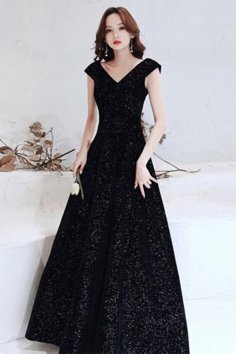 Black Glitter V-Neck Cap-Sleeve A-Line Evening Gown
