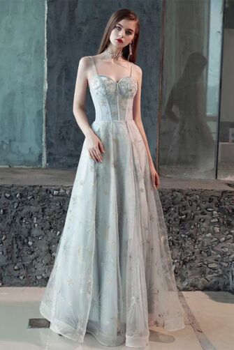 Silver Grey Celestial Embroidered Tulle A-Line Evening Gown
