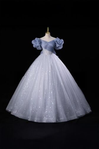 Midnight Starlight – Silver Blue Off-Shoulder Ball Gown