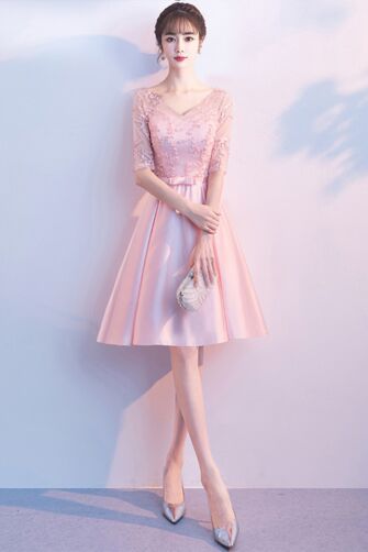 Blush Pink V-Neck Lace Illusion Bodice Short A-Line Satin Cocktail Dress