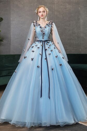 V-Neck Tulle Ball Gown with 3D Butterfly Appliqués