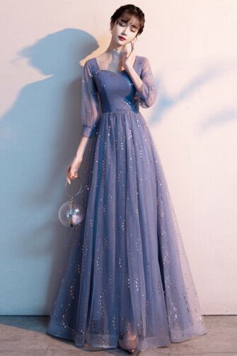 Square-Neck Glitter Tulle A-Line Evening Gown