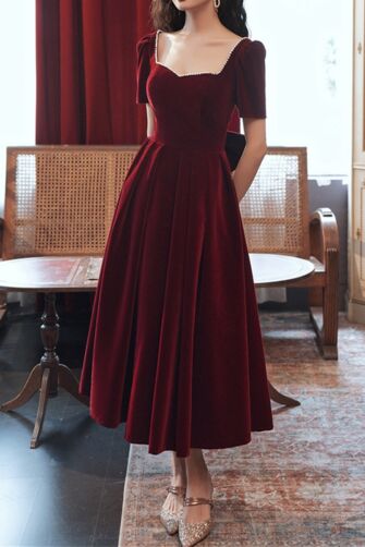 Burgundy Velvet Square-Neck Puff-Sleeve A-Line Midi Dress