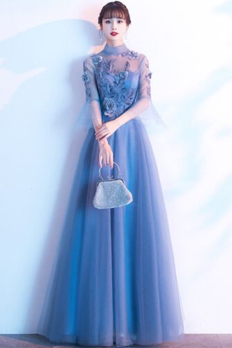 Dusty Blue High-Neck 3D Floral Appliqué Tulle A-Line Evening Gown