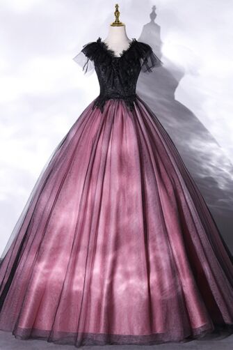 Feather-Trim Bodice with Dusty Rose Ombre Tulle Skirt, Gothic Quinceañera/Evening Dress