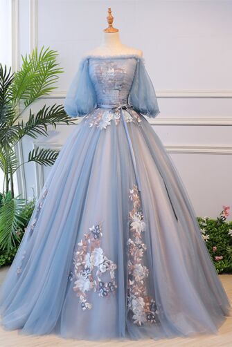 Off-the-Shoulder Puff-Sleeve Tulle Ball Gown with 3D Floral Appliqués
