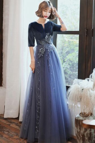 Navy Velvet & Dusty Blue Tulle A-Line Evening Gown