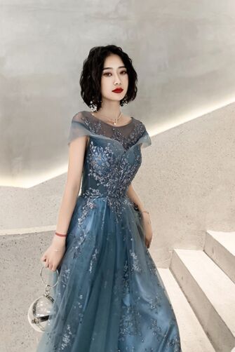 Teal Illusion Cape-Sleeve Beaded Tulle A-Line Evening Gown