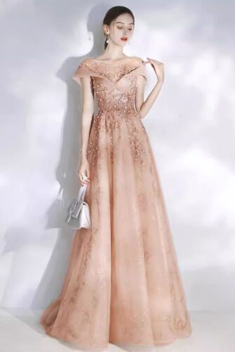 Champagne Off-the-Shoulder Sequin Appliqué Tulle A-Line Evening Gown