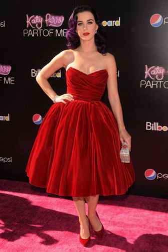 Velvet Reverie – Katy Perry Red Strapless Tea-Length Ball Gown