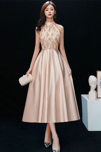 Gold Halter Sequin-Beaded Bodice Satin A-Line Tea-Length Evening/Prom Dress