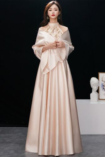 Halter Sequin Lace Bodice Satin A-Line Evening Gown with Matching Shawl