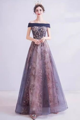 Navy & Mauve Off-Shoulder Embroidered Tulle A-Line Evening Gown