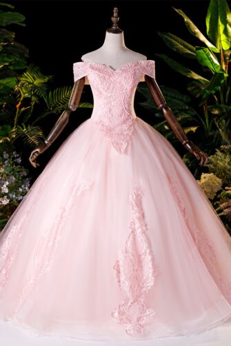 Off-Shoulder Lace Appliqué Tulle Ball Gown