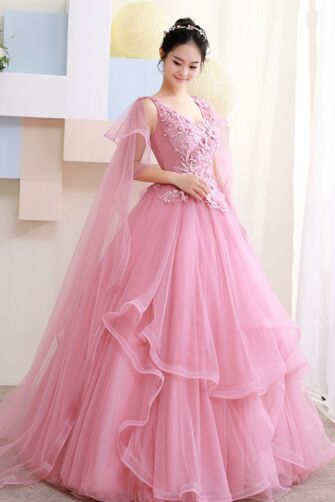 V-Neck 3D Floral Bodice, Cascading Cape Sleeves & Tiered Ruffle Skirt