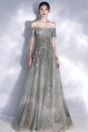 misty grey tulle with soft off-shoulder sleeves
