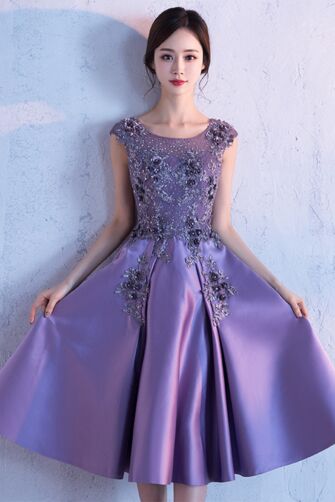 Elegant Purple Satin Cocktail Dress, Illusion Mesh Bodice, Midi Swing Skirt