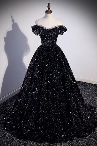 Black Sparkle Off-Shoulder Ball Gown – Glitter Sequin Princess Prom Dress with Puff Sleeves