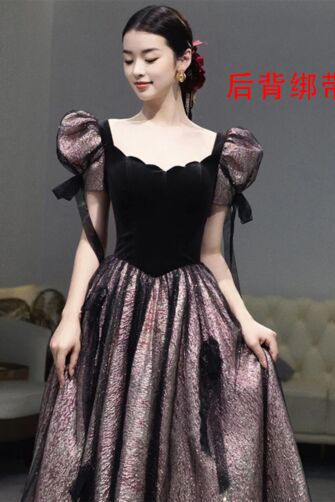 Wine Red Velvet Bodice, Puff Sleeves, Metallic Skirt