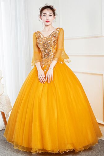 Beaded Appliqués, Sheer 3/4 Sleeves, Floor Length