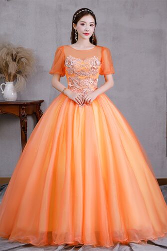 Sheer Short Sleeves, Beaded Floral Bodice, Full Tulle Skirt