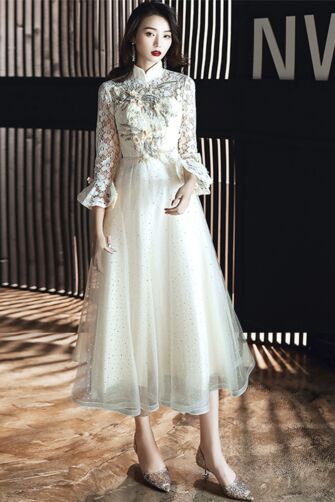 Ivory Mandarin-Collar Tea-Length Dress