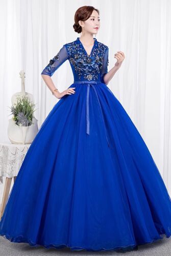 Embroidered Bodice, Sheer Half Sleeves, Full A-Line