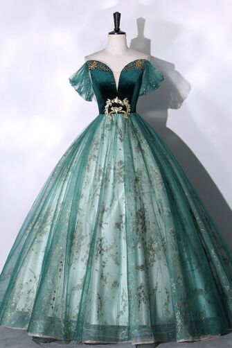 Gold Beaded Neckline, Botanical Glitter Tulle Skirt