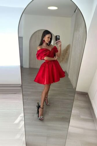 Crimson Kiss – Off-Shoulder Satin Mini Dress