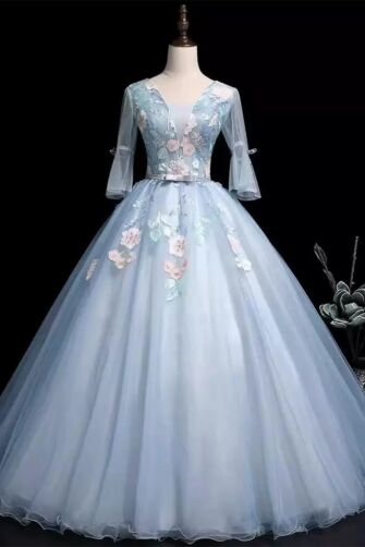 Floral Embroidered Bodice, Elegant Elbow Sleeves