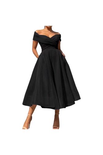 Black Off-Shoulder Midi Cocktail Dress