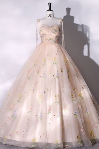 Champagne Floral Embroidered Ball Gown
