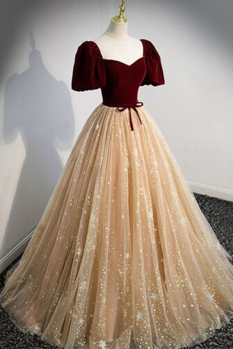 Burgundy Velvet & Champagne Star Tulle Ball Gown