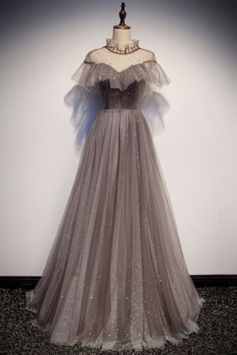 Vintage Grey Sparkle A-Line Prom Dress with Sheer Ruffled Neck