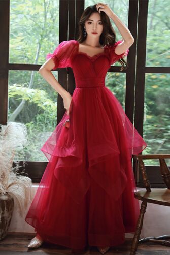 Ruby Garden Puff-Sleeve Evening Dress