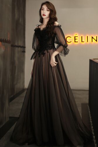 Shadow Symphony Sheer-Sleeve Gown