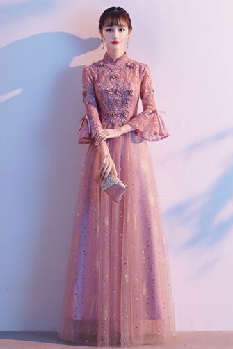 Rose Quartz Lace Qipao Evening Dress