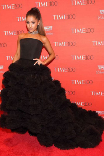 Midnight Bloom – Ariana Grande Time 100-Inspired Strapless Ruffled Ball Gown with Sweep Train