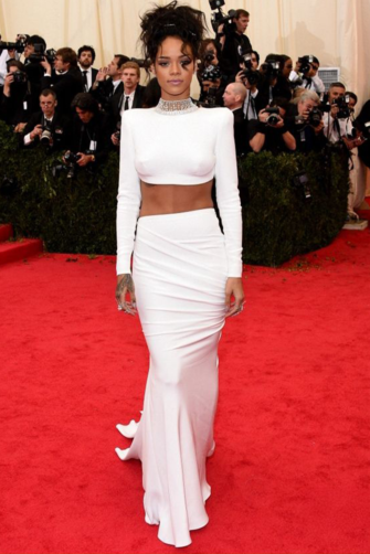 Red-Carpet Radiance – Rihanna Met Gala-Inspired White Two-Piece Jewel-Neck Mermaid Gown