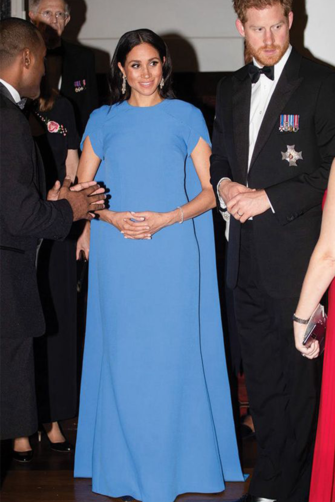 Royal Serenity – Meghan Markle-Inspired Blue Cape-Sleeve Maternity Column Gown
