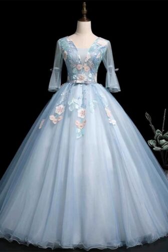 Frozen Bloom – Embroidered Sky Blue Ball Gown