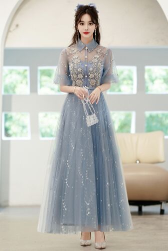 Dusty Blue Pearl-Button Embroidered Maxi Dress