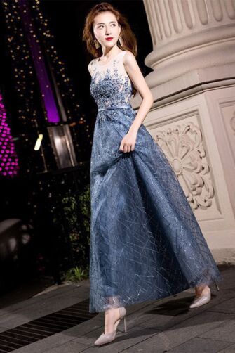 Moonlit Lace Appliqué A-Line Evening Dress