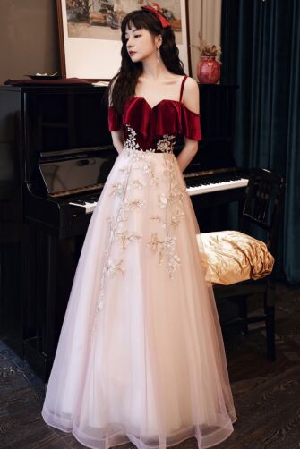 Burgundy Velvet & Blush Floral A-Line Dress