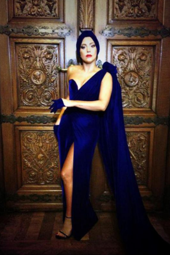 Midnight Majesty Lady Gaga Inspired Royal Blue Velvet One Shoulder Cape Celebrity Formal Prom Dress